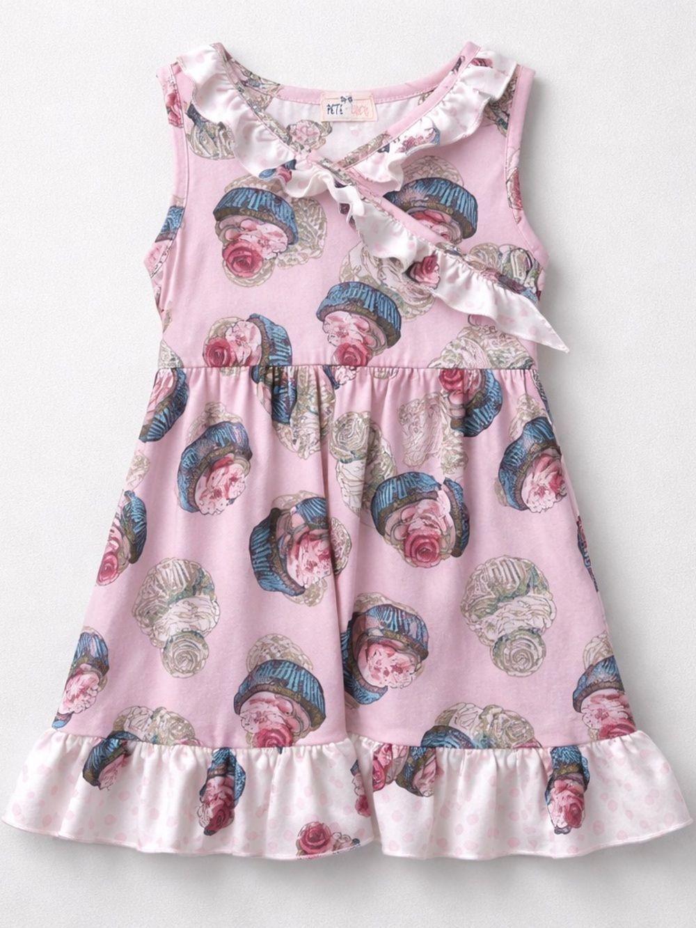 Pete & Lucy pink faux wrap cupcake print mill silk dress size 12-18 months